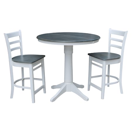 International Concepts Round 36 in Rd Extend Dining Table, 2 Emily Stools, White/Heather Gray, 36 W, 48 L, 36.1 in H, Wood K05-36RXT-27B-S6172-2